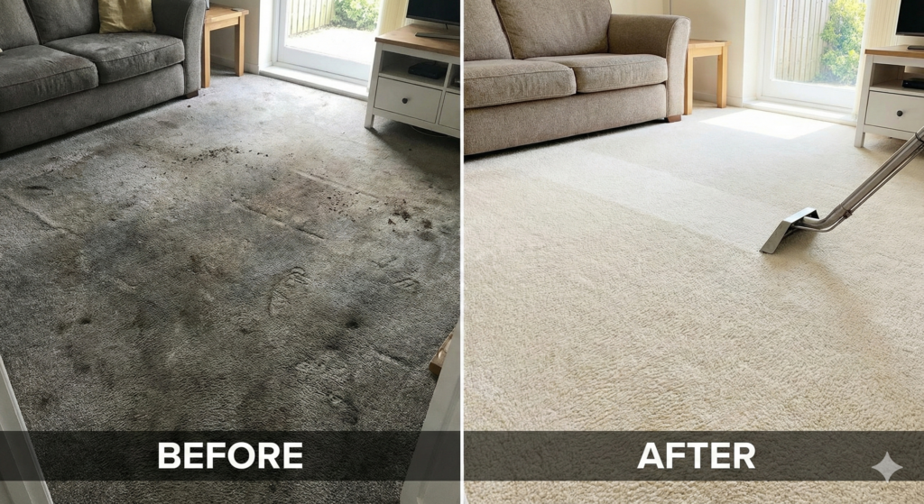 ビフォーアフター（黒ずんだカーペットときれいになったカーペット）