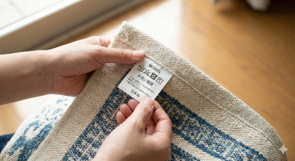 ラグの洗濯タグを確認している手元の写真