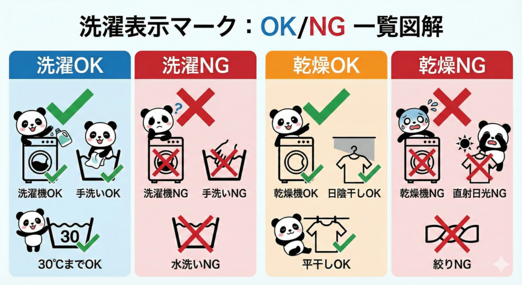 洗濯表示マークの一覧図解
OK/NGマークをわかりやすく並べたイラスト