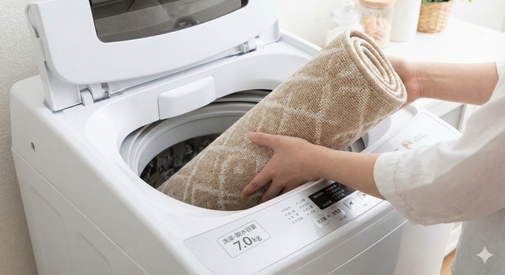 、洗濯機にラグを入れている様子
