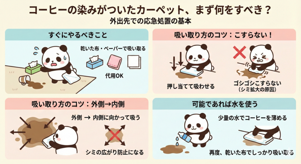コーヒーのシミがついたカーペット、まず何をすべき？