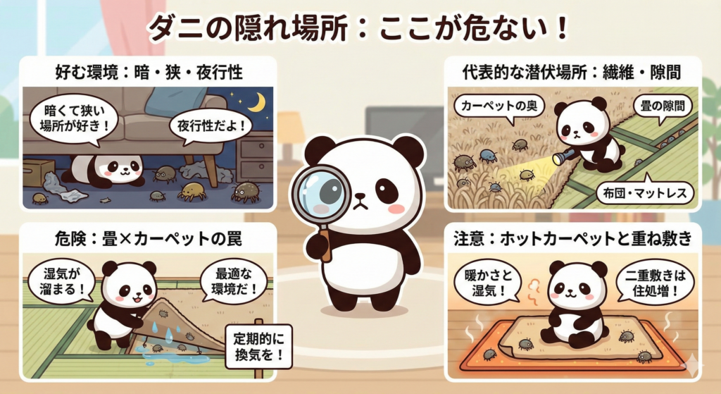 ダニが繁殖しやすい条件：隠れ場所