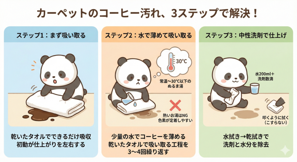カーペットのコーヒー汚れ、3ステップで解決