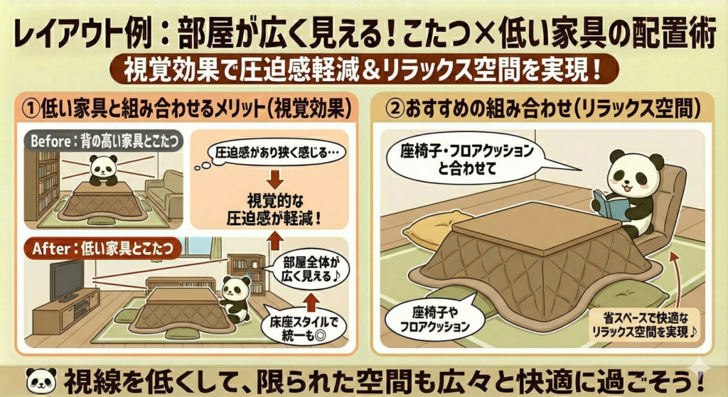 こたつを使ったレイアウト例：低い家具と組み合わせる