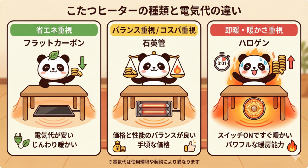 こたつヒーターの種類と電気代の違い