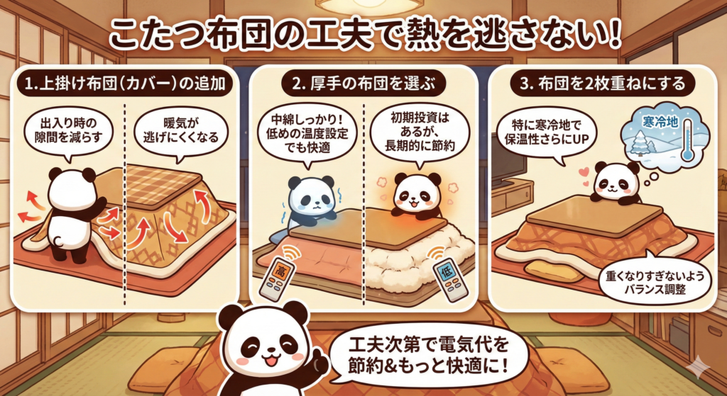 こたつ布団の工夫で熱を逃さない