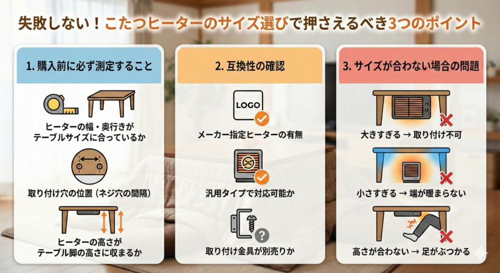失敗しない！こたつヒーターのサイズ選びで押さえるべき3つのポイント