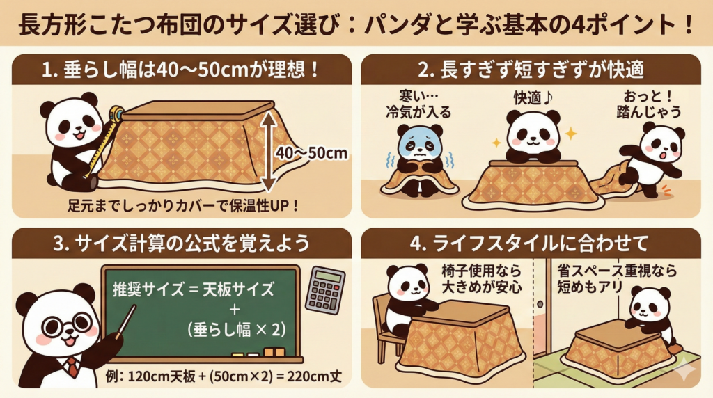 長方形こたつ布団のサイズ選び：基本的な考え方