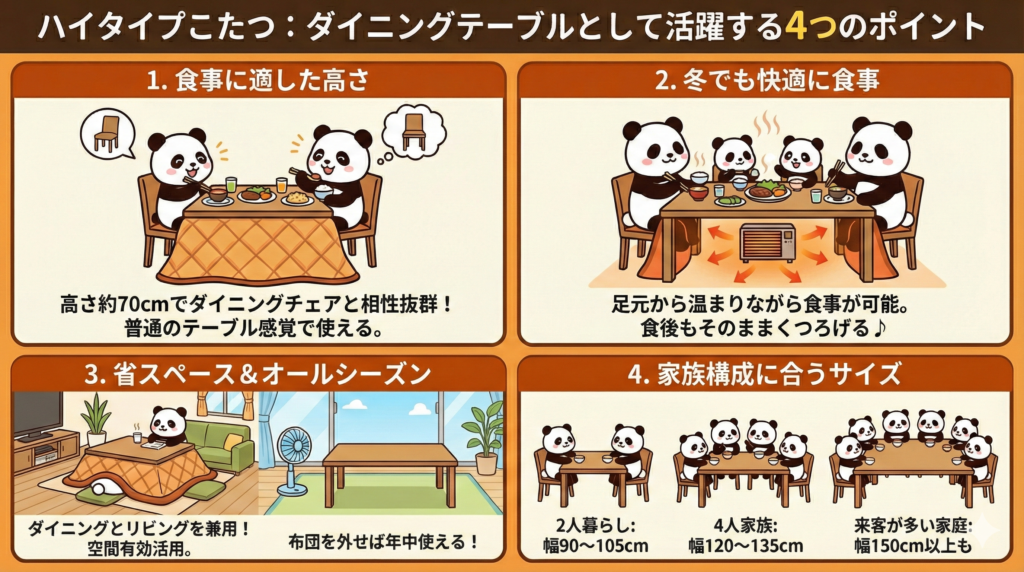 ハイタイプこたつはダイニングテーブルとしても活躍