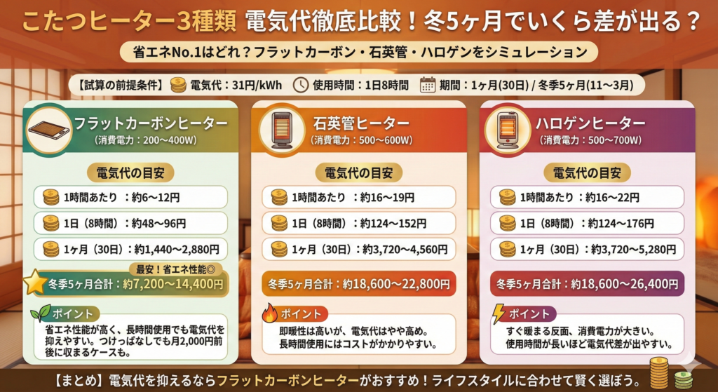 こたつヒーター三種類電気代徹底比較