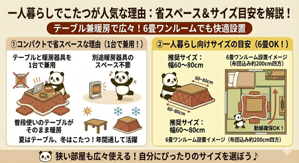 一人暮らしでこたつが人気な理由①コンパクトで省スペース