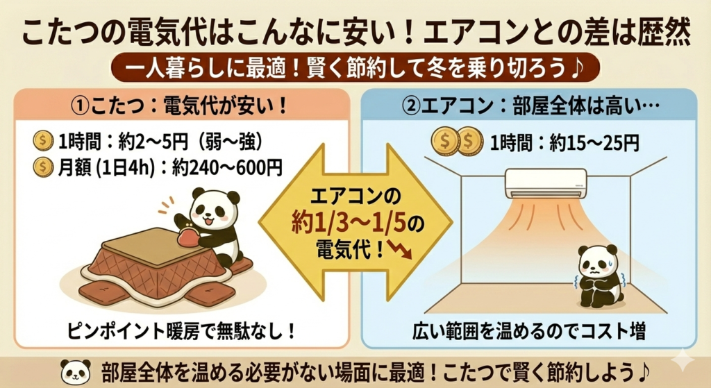 一人暮らしでこたつが人気な理由②暖房効率が良く電気代の節約になる