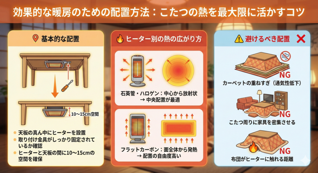 効果的な暖房のための配置方法：こたつの熱を最大限に活かすコツ