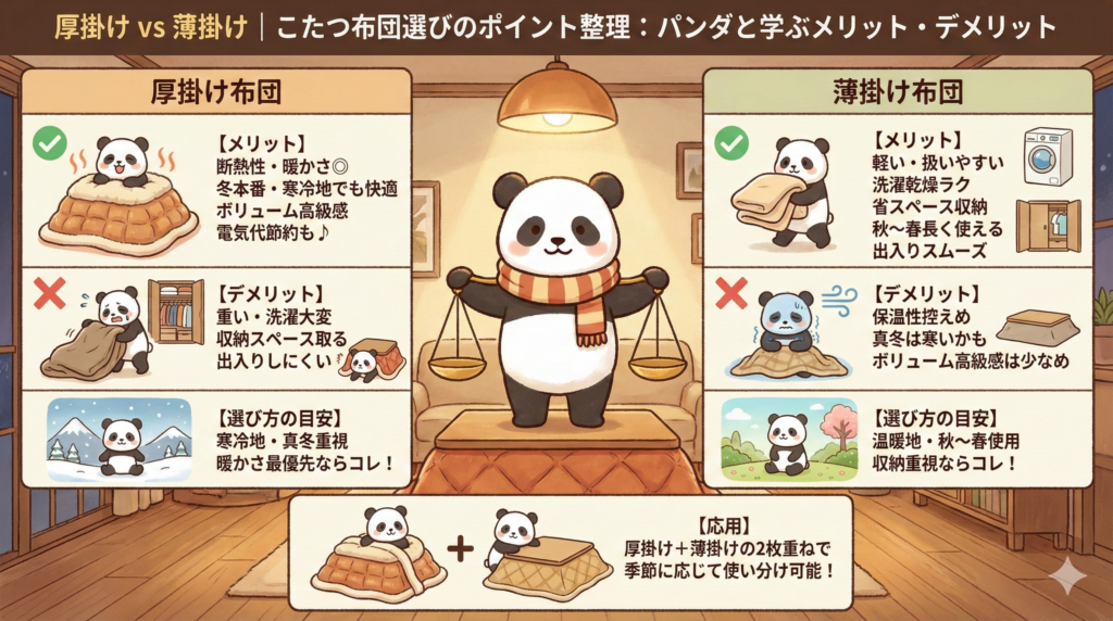 長方形大判こたつ布団の種類と特徴：厚掛け vs 薄掛け