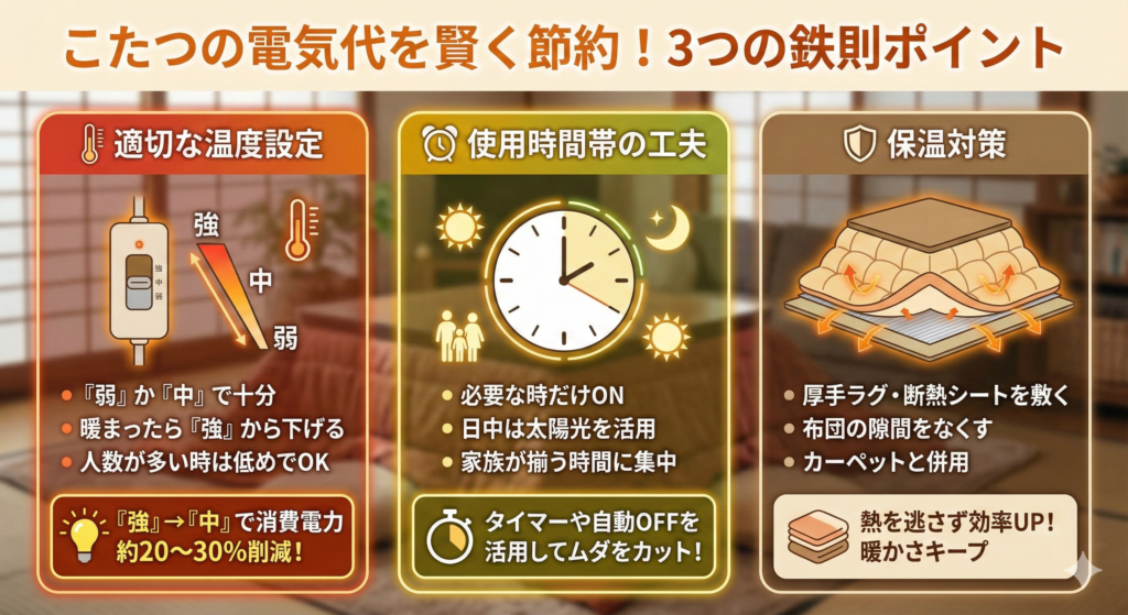 こたつの電気代を賢く特約！3つの鉄則ポイント