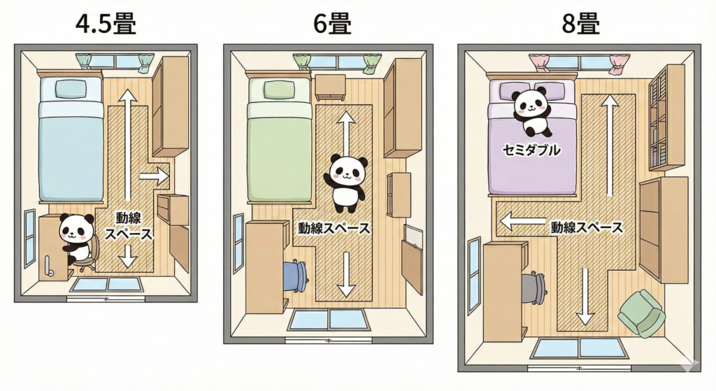 4.5畳・6畳・8畳の部屋にベッドを配置したレイアウト図