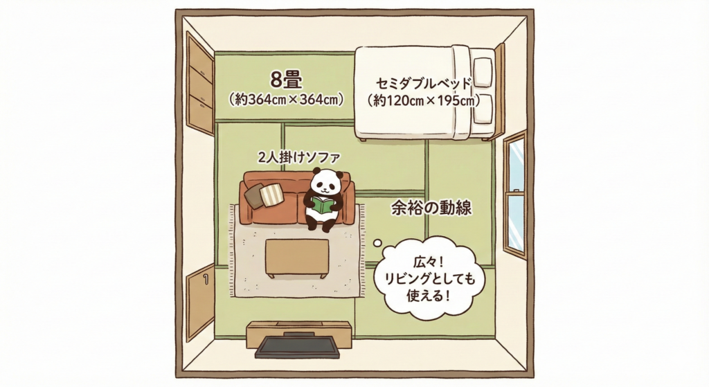 8畳レイアウト
セミダブルベッド＋2人掛けソファを配置した俯瞰図