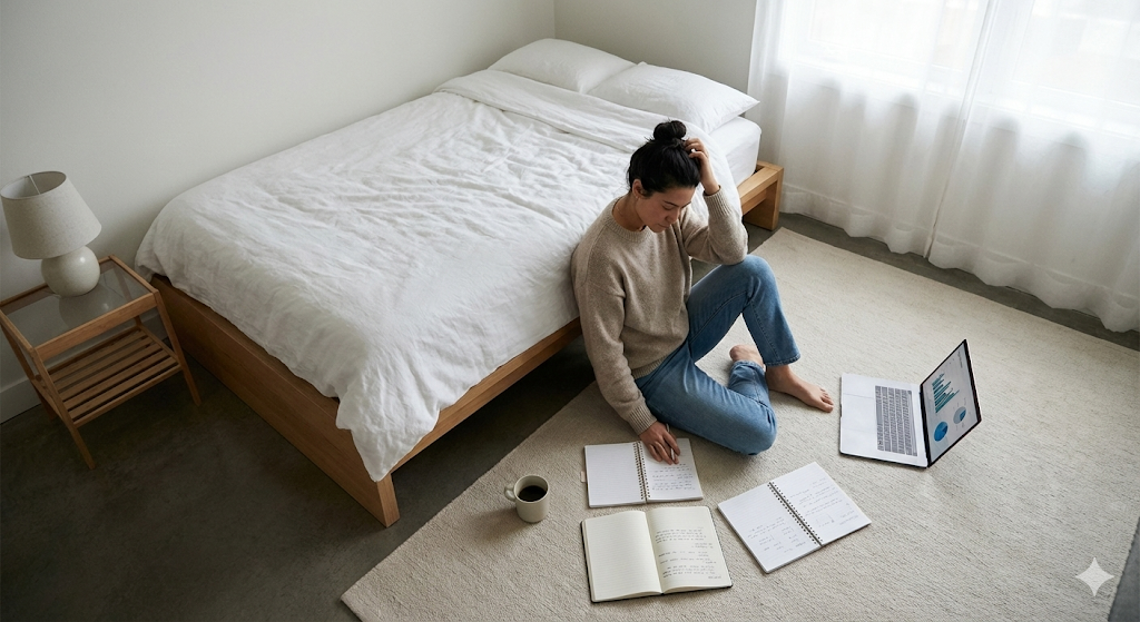 シンプルなベッドルームの俯瞰写真
