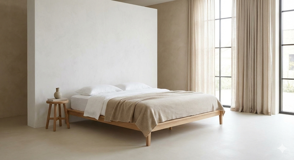 ヘッドボードなしベッドを置いたシンプルな寝室