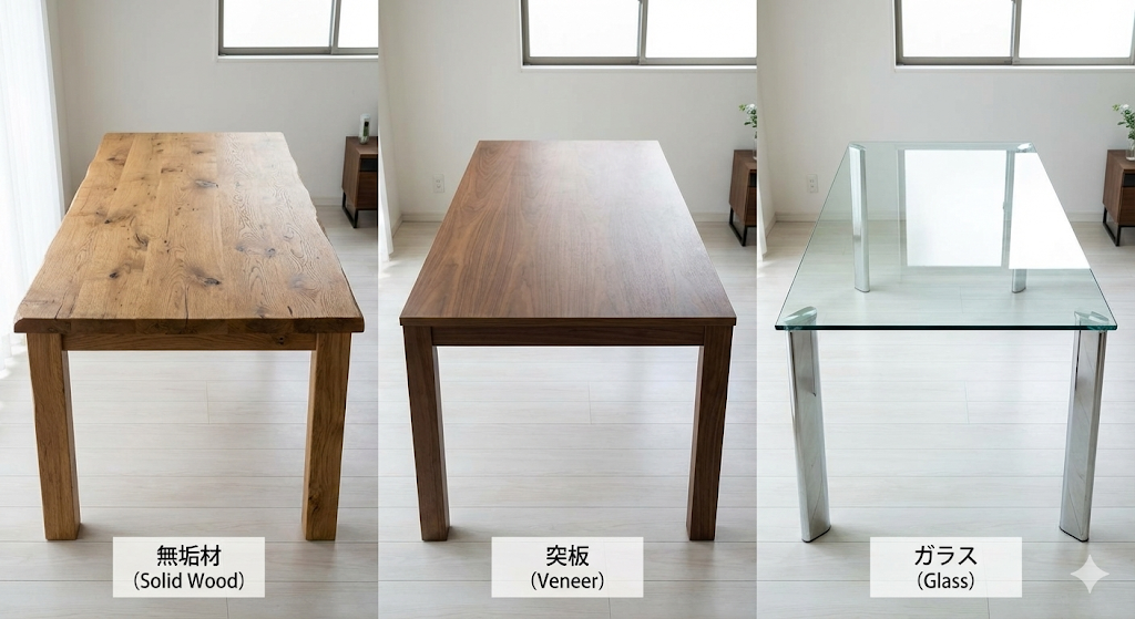 無垢材・突板・ガラスなど異なる素材のテーブル比較写真