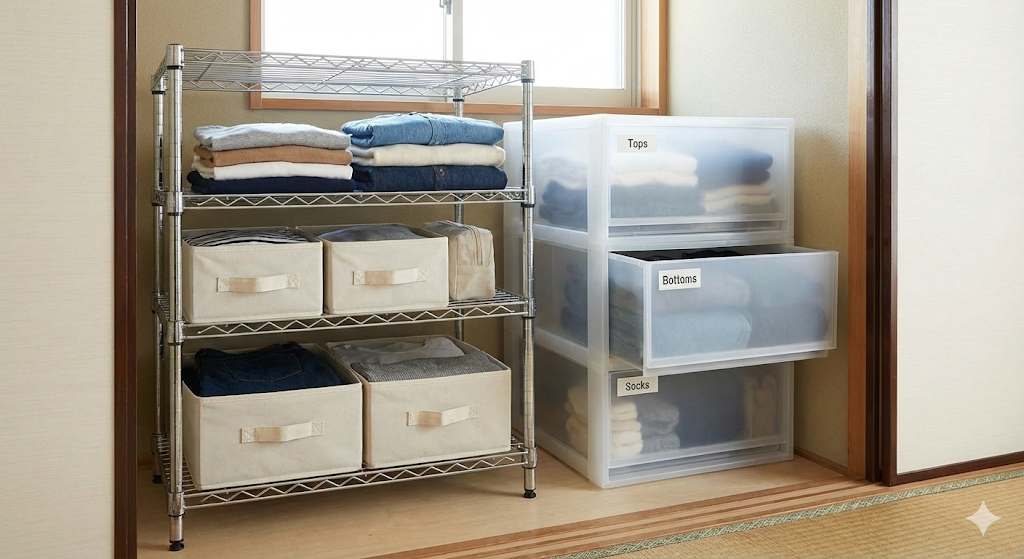 中段：出し入れ頻度の高いモノをラックで整理