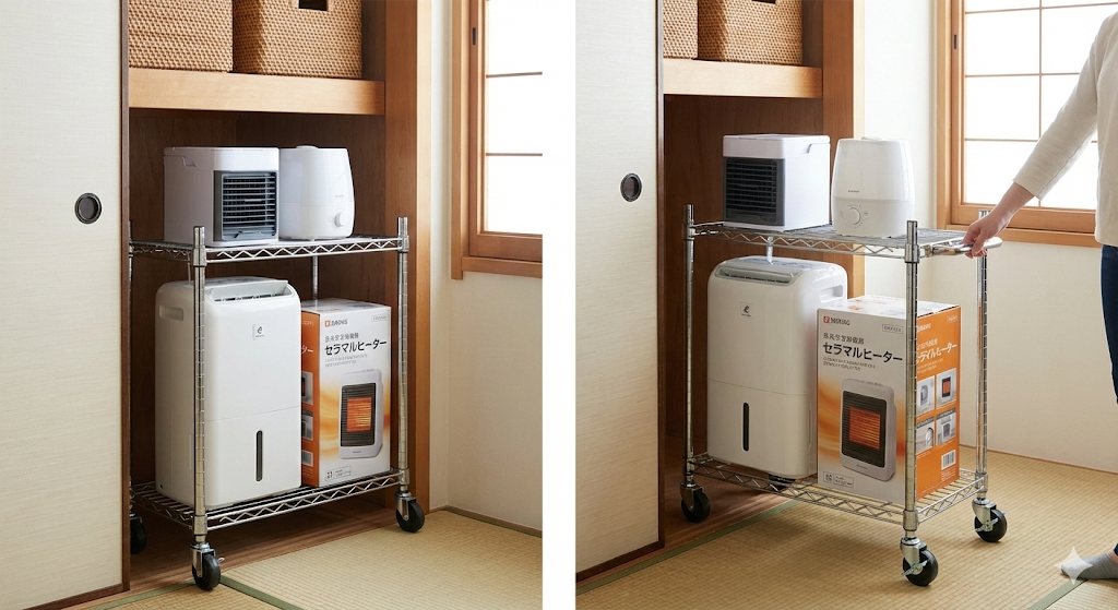 下段：キャスター付きラックで季節家電を収納
