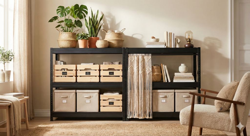 おしゃれにスタイリングされたスチールラックの実例写真
収納ボックス、観葉植物、目隠しカーテンなどで装飾