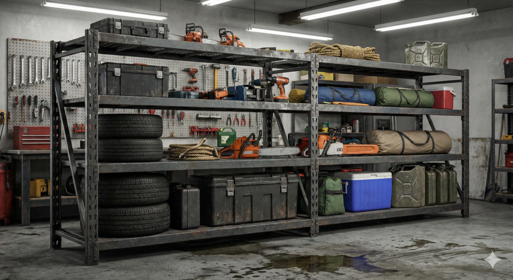 ガレージに設置された頑丈なスチールラックの写真
工具、タイヤ、アウトドア用品などが収納されている