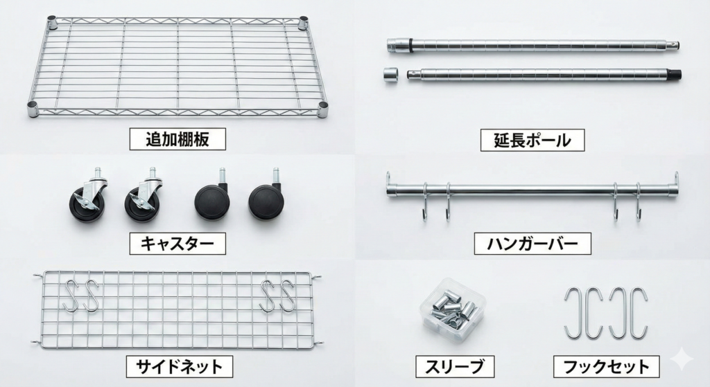 スチールラックのオプションパーツ一覧
追加棚板、延長ポール、キャスター、ハンガーバー、サイドネット