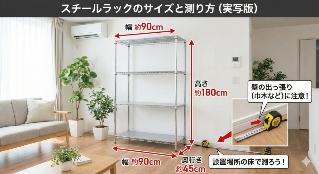 スチールラックのサイズ（幅・奥行き・高さ）を示した図解