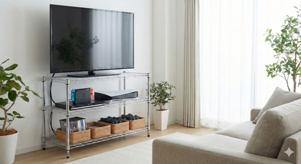 スチールラックをテレビ台として使用している写真
テレビ、ゲーム機、DVDプレーヤーなどが収納されている