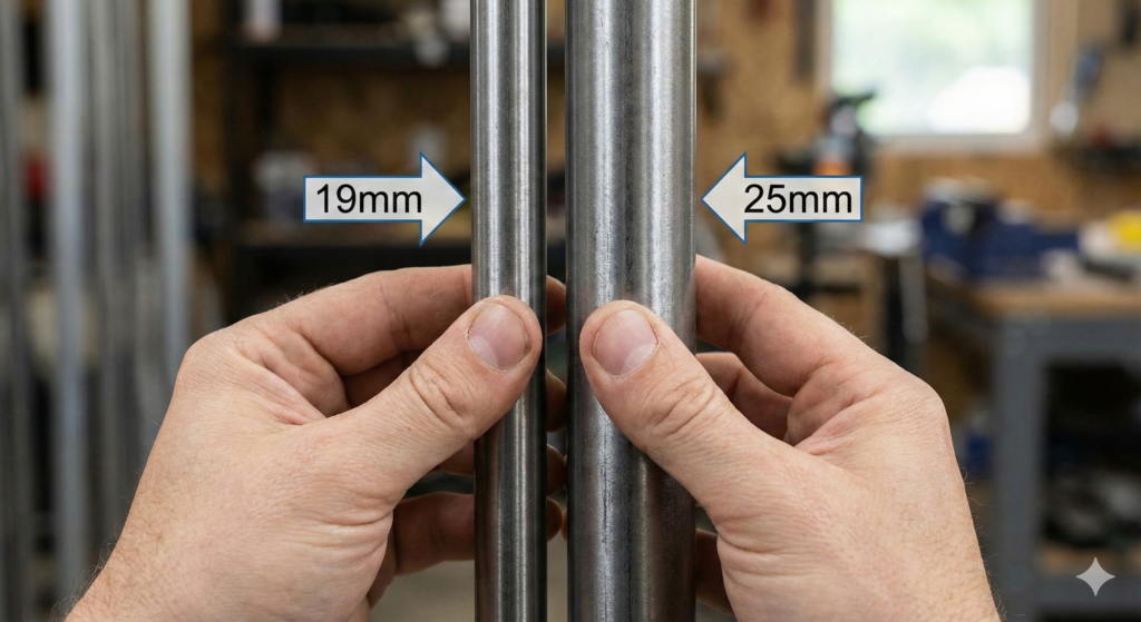 スチールラックポール径19mmと25mmの実物比較写真