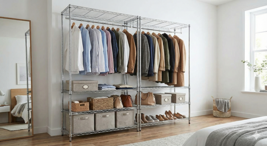 ハンガーパイプ付きスチールラックに洋服がかかっている写真
下段に収納ボックスやバッグが置かれている状態