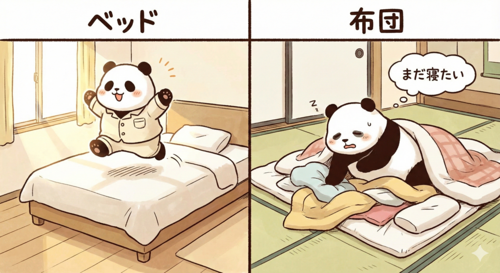 ベッドと布団を比較
朝起きてすぐ活動できる様子のイラスト