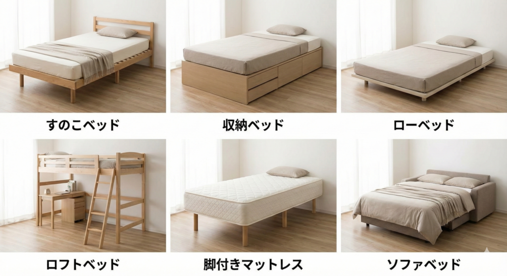 ベッドフレーム6種類の比較写真（グリッドレイアウト）
すのこベッド、収納ベッド、ローベッド、ロフトベッド、脚付きマットレス、ソファベッド