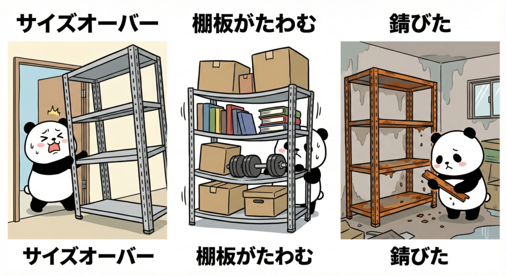 ラック選び失敗イメージ
①サイズオーバーで設置できない様子
②棚板がたわんでいる様子
③錆びたスチールラック