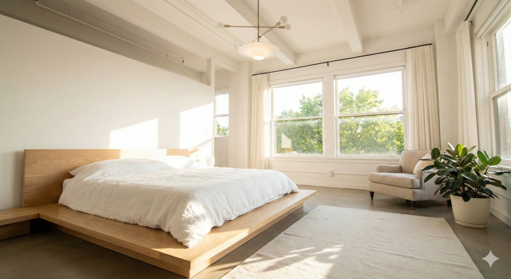 ローベッドを設置した部屋の写真
天井までの空間の広がりが伝わる、やや低めのアングル