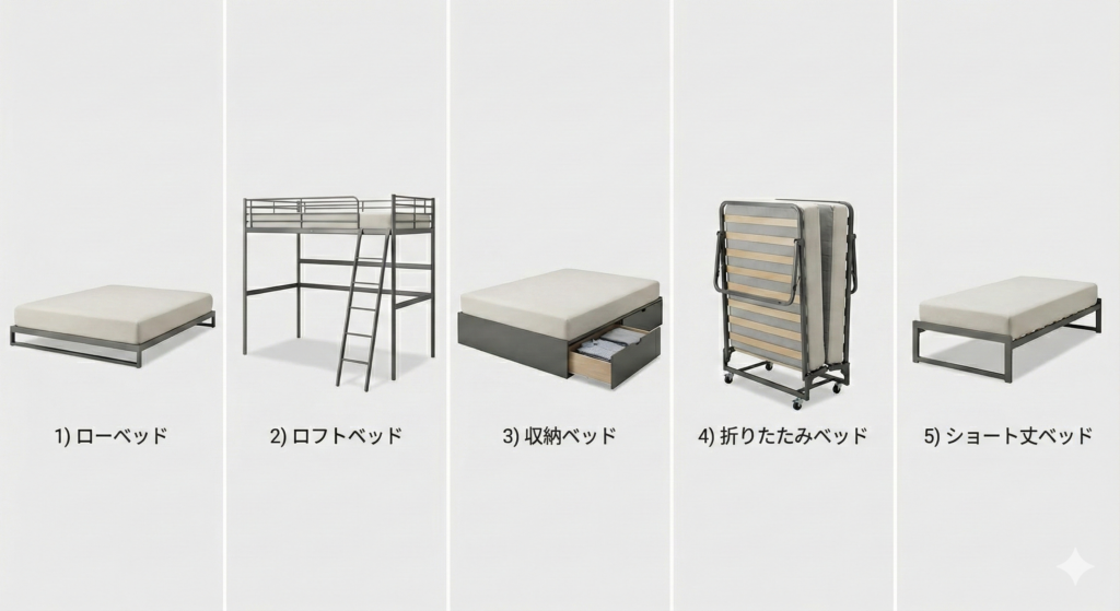 5種類のベッドタイプ
ローベッド・ロフトベッド・収納ベッド・折りたたみベッド・ショート丈ベッド