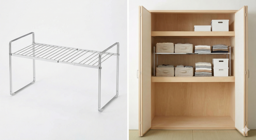 伸縮式ラック：サイズ調整でピッタリ収まる