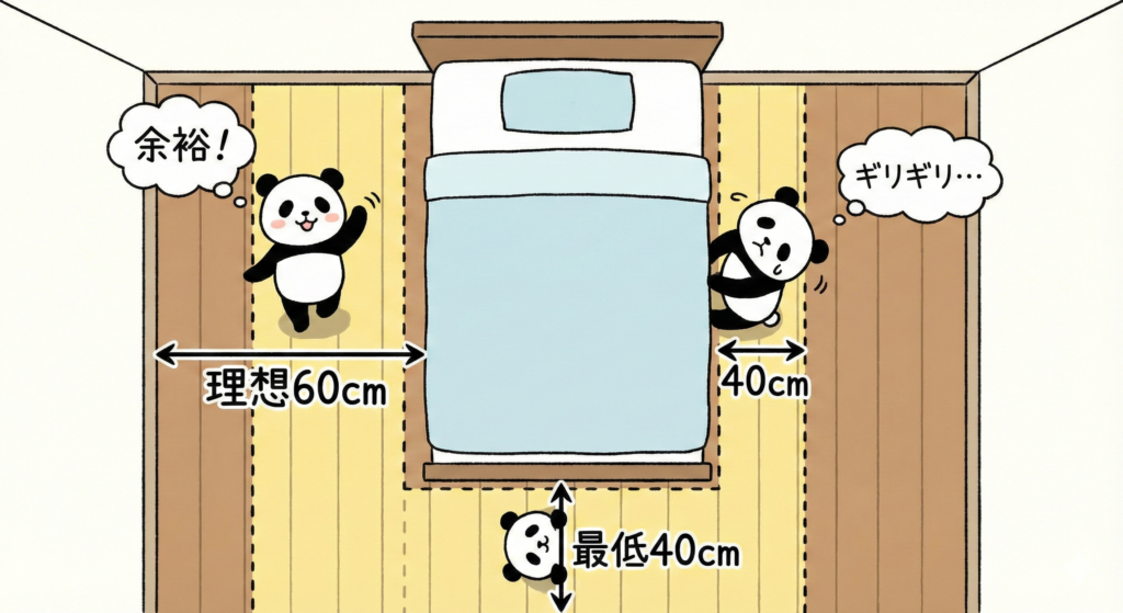 動線スペース図解
ベッドの周囲に40cm〜60cmの動線スペースを示した図