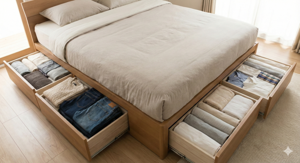 収納ベッド解説
引き出しを開けた状態で収納力がわかる写真