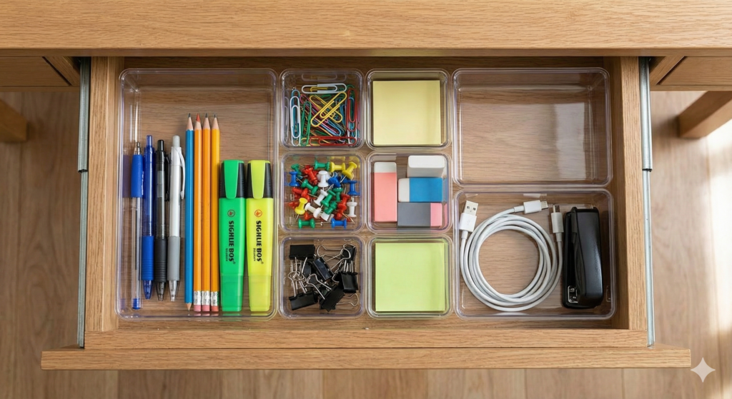 引き出しトレーで仕切られた収納