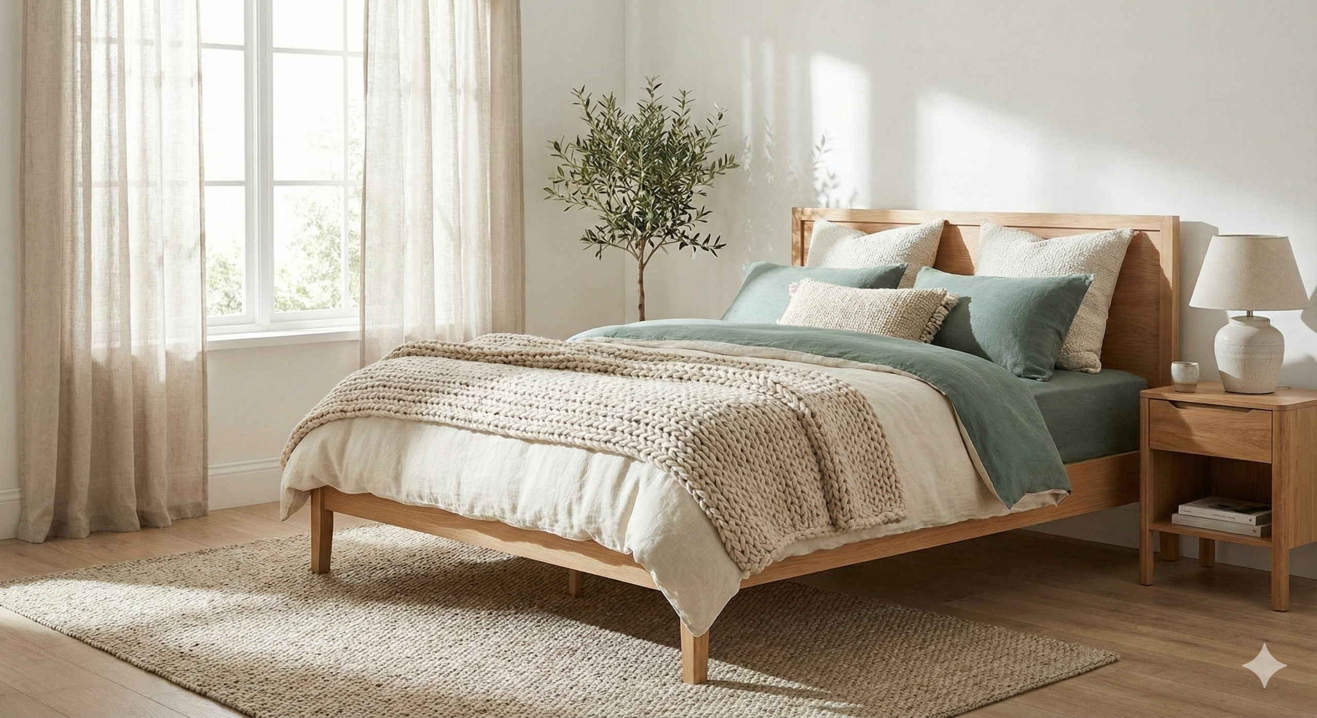 明るい寝室に置かれたおしゃれなベッドの全体像 ナチュラルテイストまたは北欧風のインテリア 朝の光が差し込む爽やかな雰囲気 ベッドメイキングが整っている状態