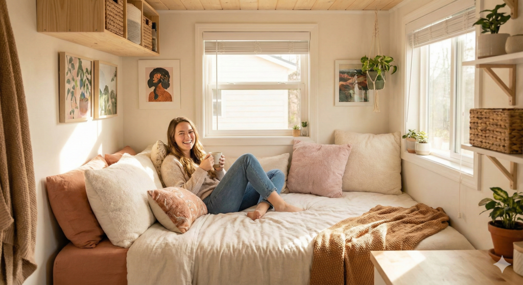 狭い部屋でベッドに座ってくつろいでいる人物写真