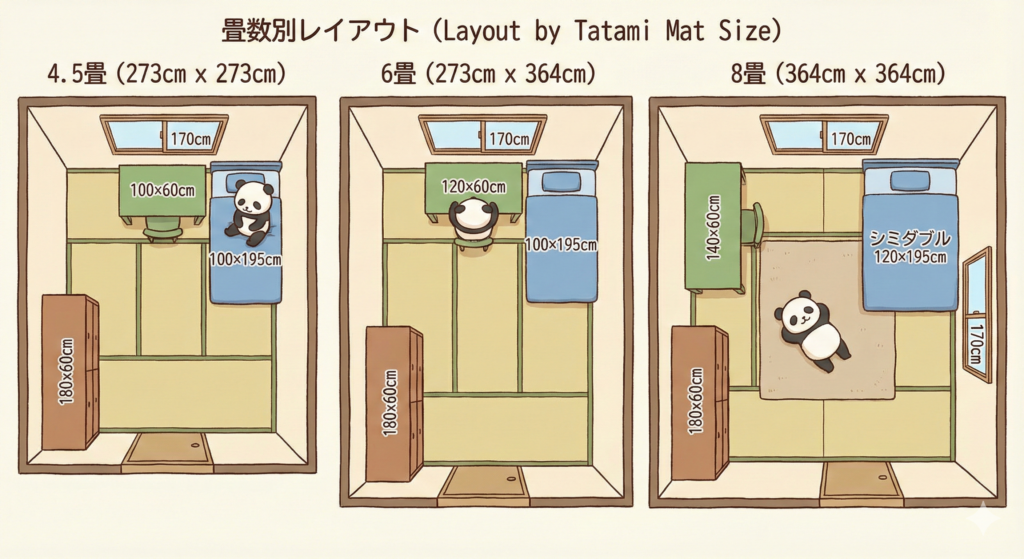 畳数別レイアウト（まとめ図）
4.5畳・6畳・8畳の3パターンを横並び