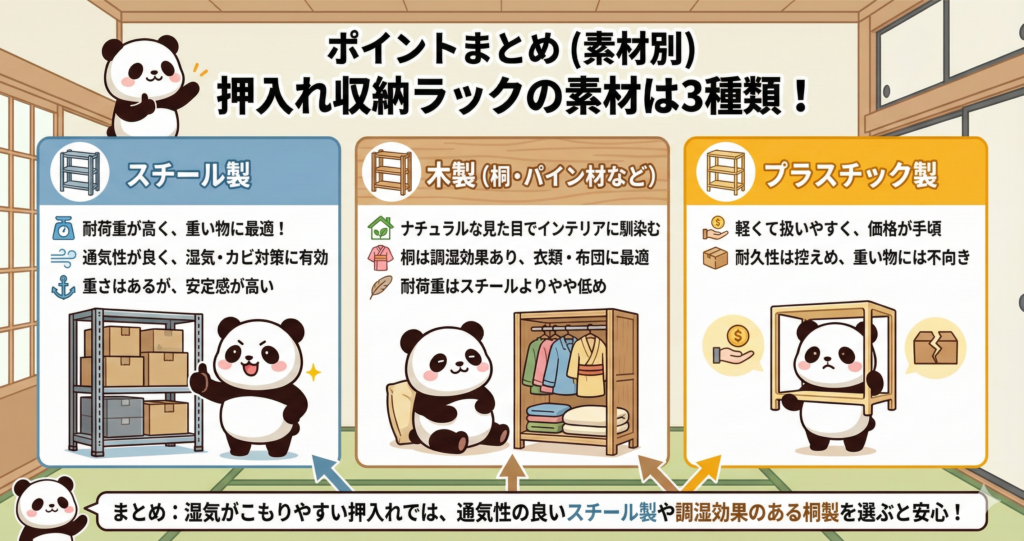 押し入れ収納ラックの素材は３種類
