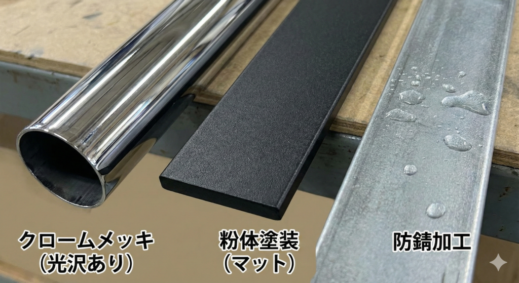 表面処理の種類を比較した写真
クロームメッキ（光沢あり）、粉体塗装（マット）、防錆加工の違い
